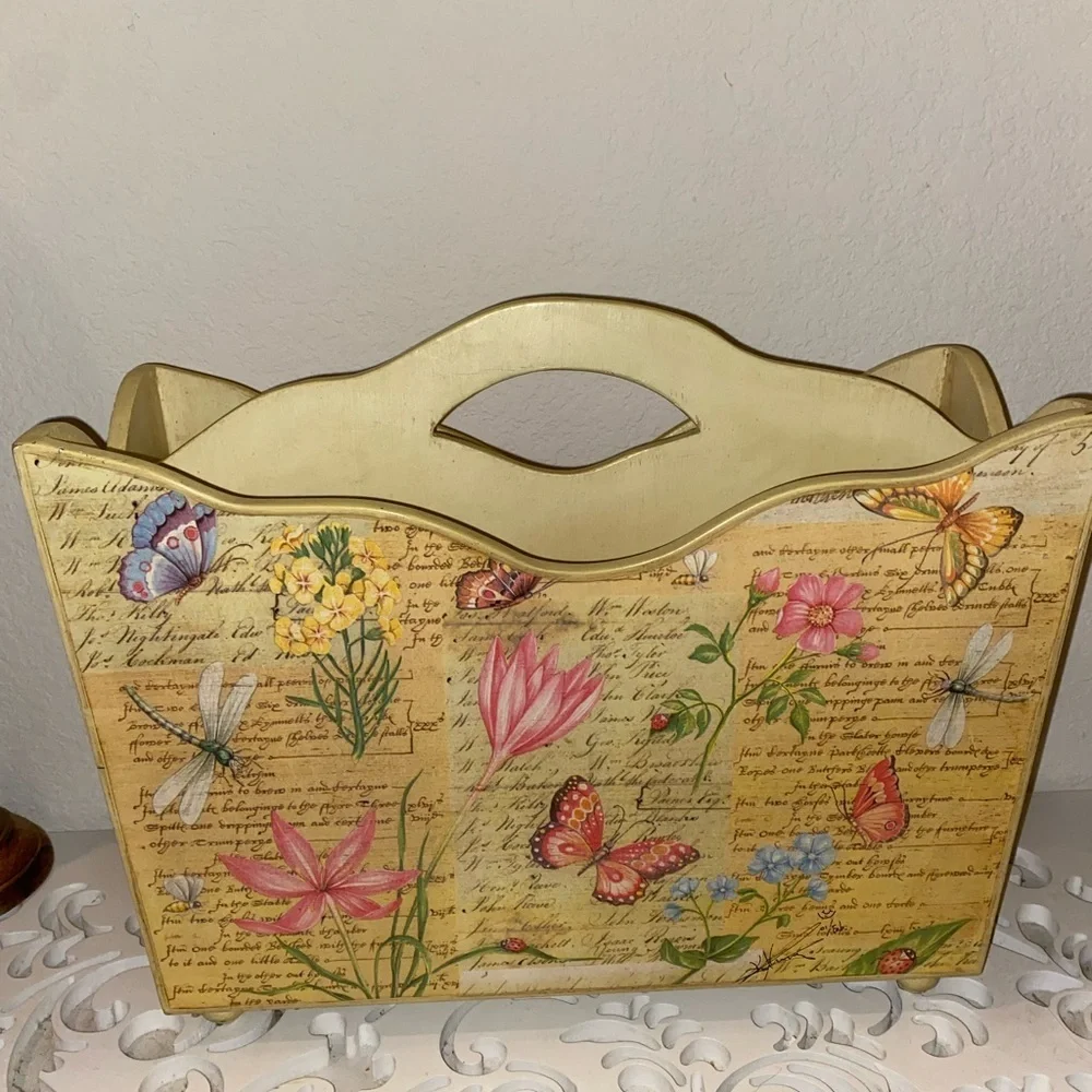 Signed Vintage Off 5th Yellow Floral Butterfly Country Wood Magazine Holder 15”H